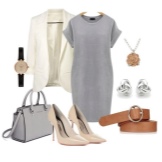 Witte accessoires voor een grijze schede jurk