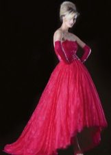 Red puffy wedding dress with a train