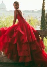 Red puffy wedding dress with a train
