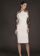 White evening dress with black guipure sleeves