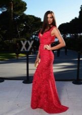 Lace evening dress red with rhinestones