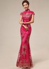 Estilo chinês longo vestido rosa