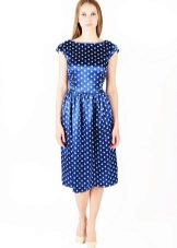 Dress Tatyana from blue satin in white polka dots