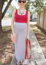 Long dress with pink top and striped skirt