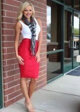 Red pencil skirt combined with a white T-shirt and a neck scarf