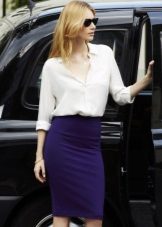 Navy pencil skirt with a white blouse