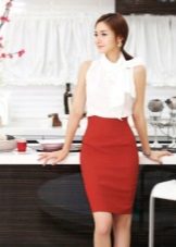 Red pencil skirt with a white top