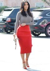 Red pencil skirt with gray top