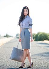 Gray pencil skirt with a shirt blouse