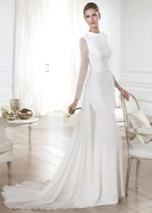 Skaidri vestuvinė suknelė ilgomis rankovėmis