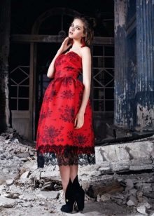 Red Lace Midi Evening Dress