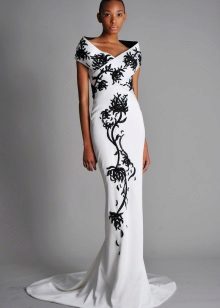 White evening dress with a black pattern