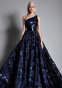 Czarno-niebieska bufiasta suknia wieczorowa