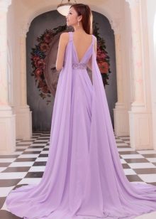 Violetinė vakarinė suknelė su atvira nugara