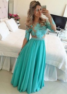 שמלת ערב ארוכה בצבע טורקיז עם תחרה