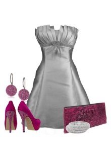 Сива сатенена рокля и розови аксесоари