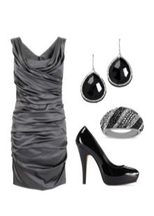 Vestido gris con joyas negras