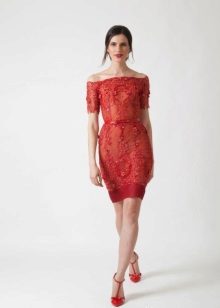 Red Evening Midi Lace Dress