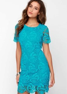 Short guipure dress in aquamarine color