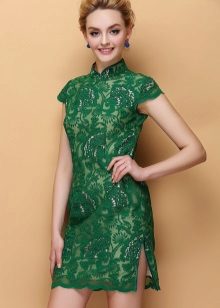 Qipao verde vestido de renda curto