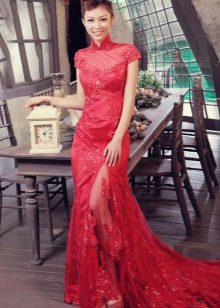Vestido vermelho estilo chinês com renda