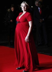 Vestido de maternidade vermelho longo manga curta até o chão