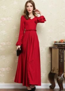 Червена дълга ленена рокля