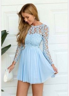Ανοιχτό μπλε συνδυασμένο δαντέλα κοντό μανίκι μακρύ φόρεμα