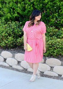 Pink and white dress in diagonal and vertical stripes for full