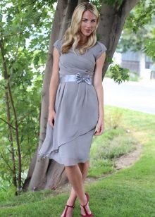 Gray Casual Dress with Satin Belt