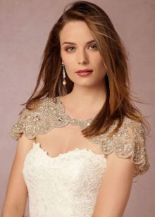 White Sheath Wedding Dress With Beige Lace Shoulder Cape