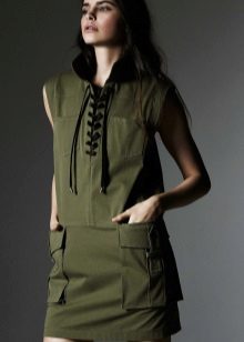 Military style dress with lacing and patch pockets