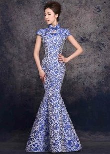 blå brokade havfrue kjole