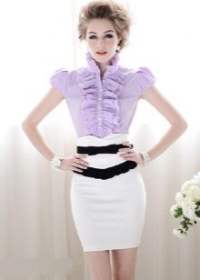 white pencil skirt with a lilac blouse