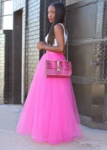 Rožinis sluoksniuotas ilgas sijonas
