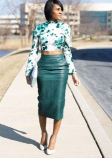 Green Leather Pencil Skirt with White Floral Blouse