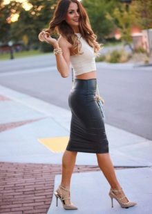 Black leather pencil skirt with a light tank