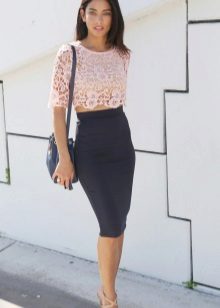 Black pencil skirt with a short lace top
