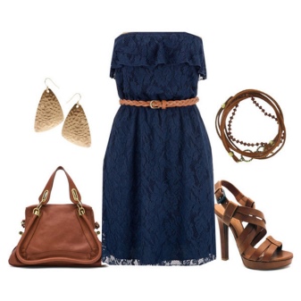 Modré krajkové šaty s hnědými doplňky