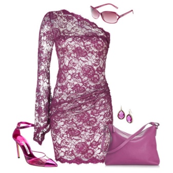 Violetinė nėrinių suknelė su priderintais aksesuarais