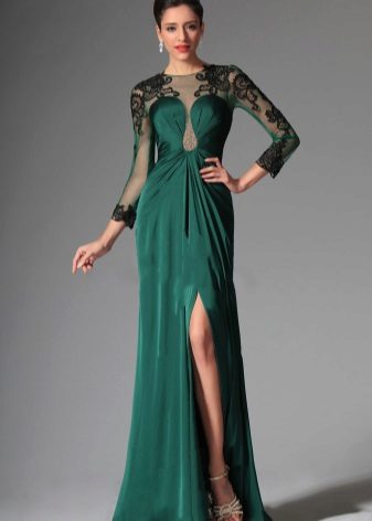 Evening green dress with black lace