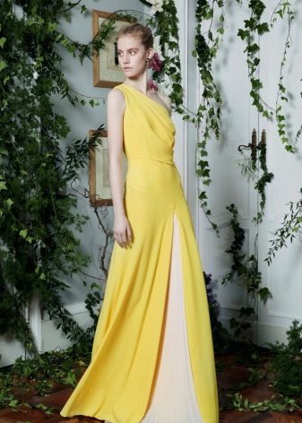Yellow evening dress with a white insert