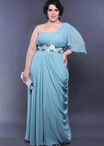 Плетена синя рокля в гръцки стил за пълно момиче