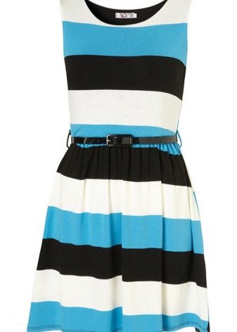 Dress in wide blue, black and white stripes
