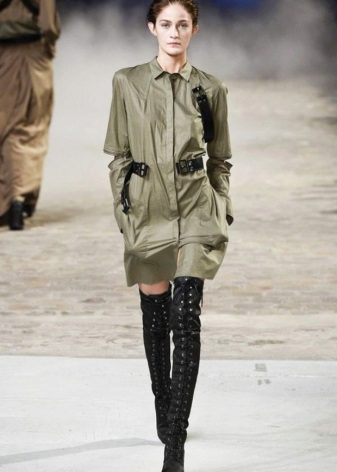 Short military-style dress with over the knee boots