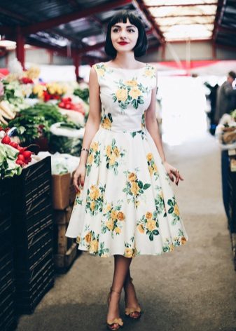 Floral print on a dress with a full skirt in the style of the 60s