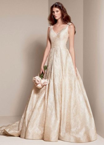 iškepta pieno brokato vestuvinė suknelė