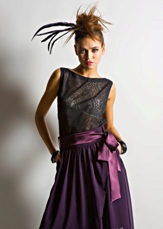 skirt musim luruh panjang ungu dengan sabuk satin