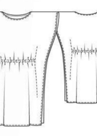 Dibujo técnico de un vestido directo con manga murciélago