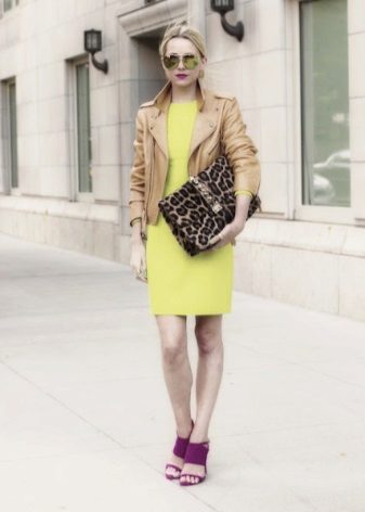 Light green dress with a brown leather jacket